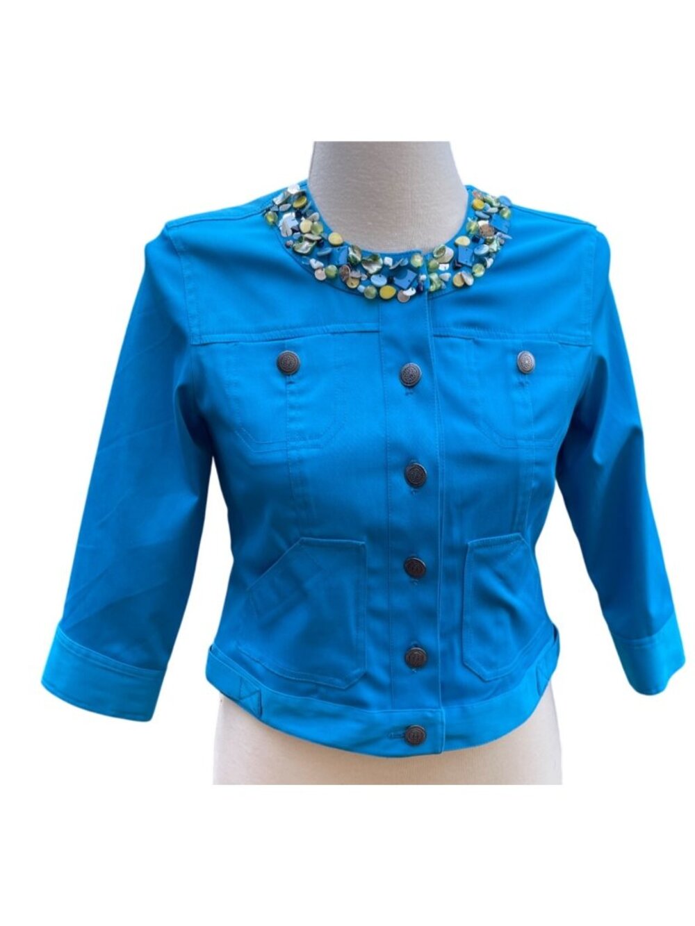 Bolero Beaded Collar Button Front Cropped Jacket 3/4 Sleeve Blue Womens Size 6P